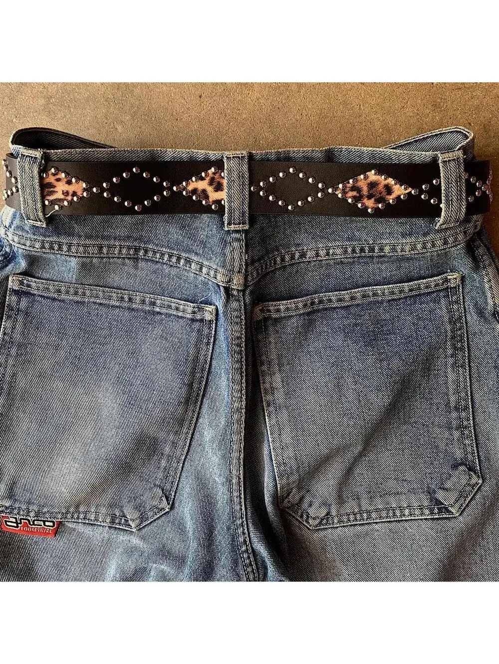 Vintage Y2K style Cheetah Print Studded Black Belt. 39 inches fits a 26-34